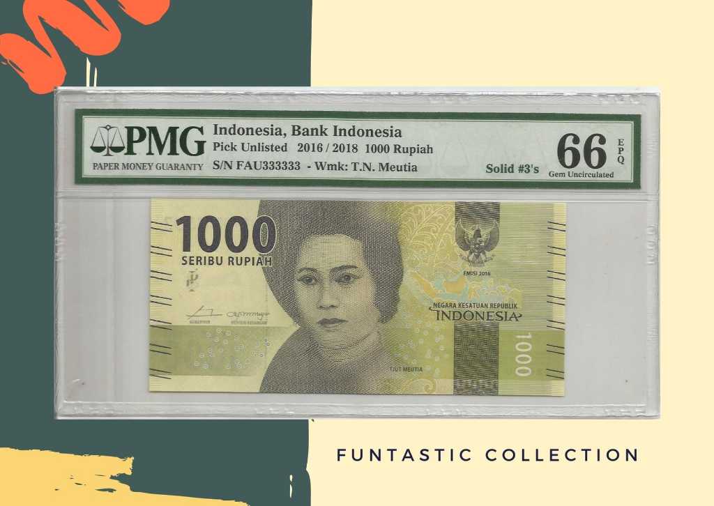 Uang Indonesia 1000 Rupiah Cut Meutia PMG 66 Solid #3's