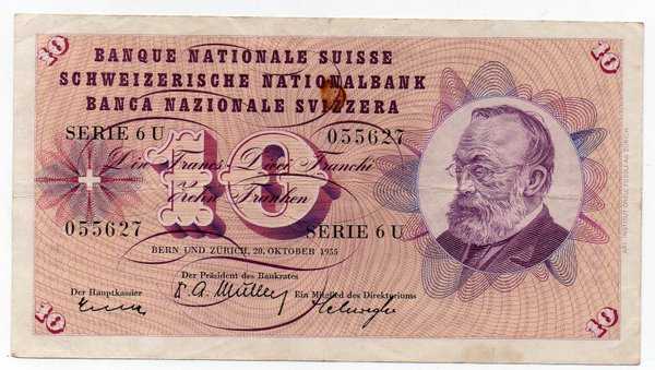 Bl 1725 Switzerland 10 Francs Tahun 1955 Bekas Pakai Sesuai Gambar