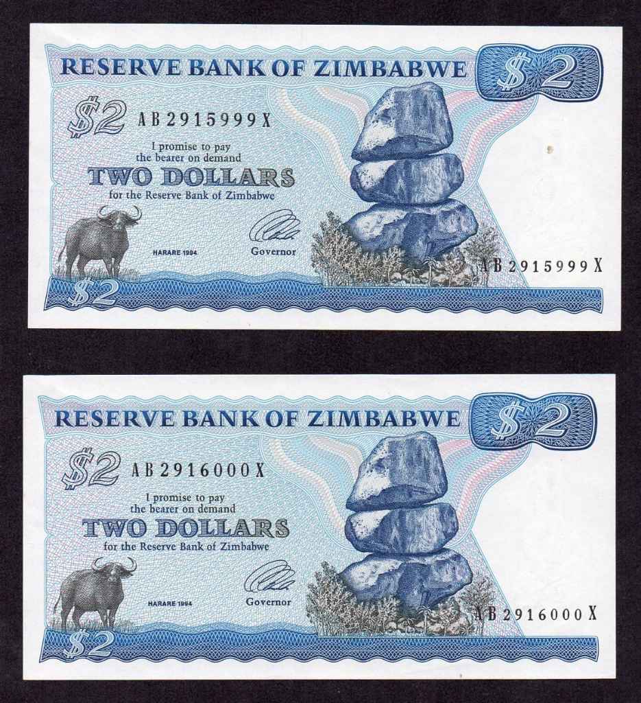 Zimbabwe 2 Dollars 1994 Type B CONSECUTIVE PAIR