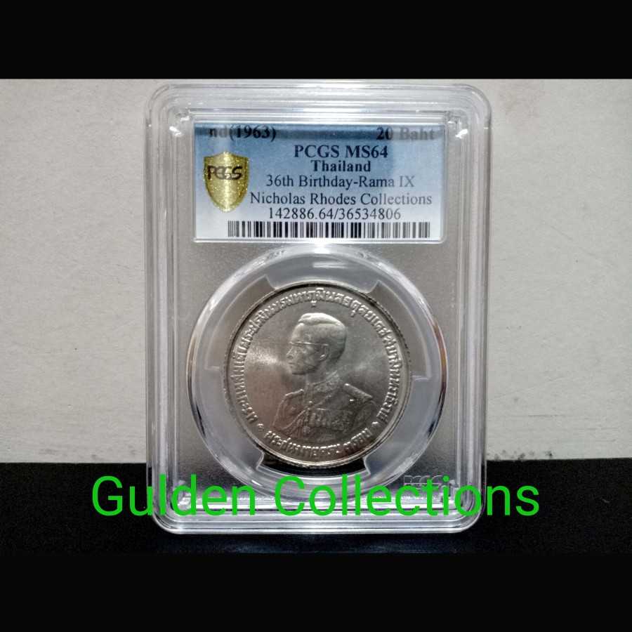 Koin Perak Thailand 36th Anniversary King Rama 20 Bath 1963 MS 64