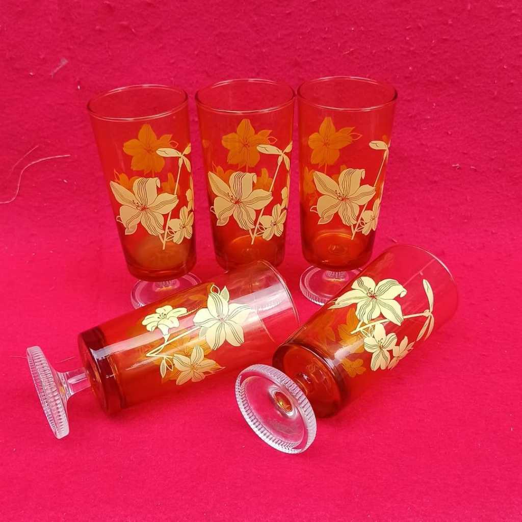 Gelas kaki jadul motif bunga