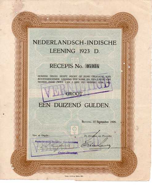 Surat Saham Atau Obligasi Jaman belanda 1000 Gulden Recepis Tahun 1923 Ada Bekas Lobang Rayap