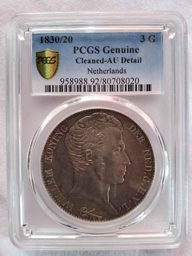 Uang Koin, Coin Netherlands 3 Gulden Willem 1 1830 overstruck 30. PCGS Cleaned-AU Detail Netherlands 958988.92/80708020