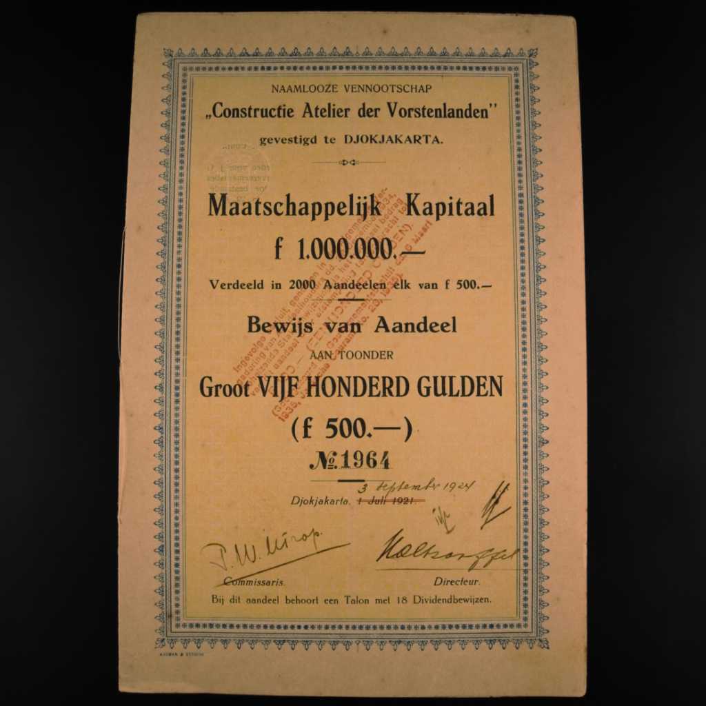 Koleksi Dokumen Saham Pemerintahan Hindia Belanda Perusahaan Constructrie Atelier Der Varstenlanden Diterbitkan Di Yogyakarta 3 September 1924