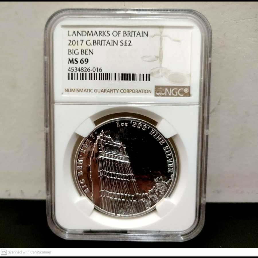 Great Britain 2 Pounds Silver 1 Oz 2017 Big Ben NGC MS 69