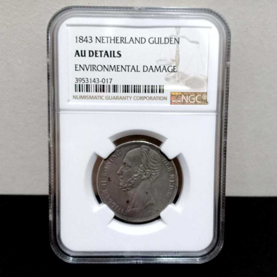 Koin Kuno Willem 2 Netherland 1 Gulden 1843 NGC AU Detail Sangat Bagus