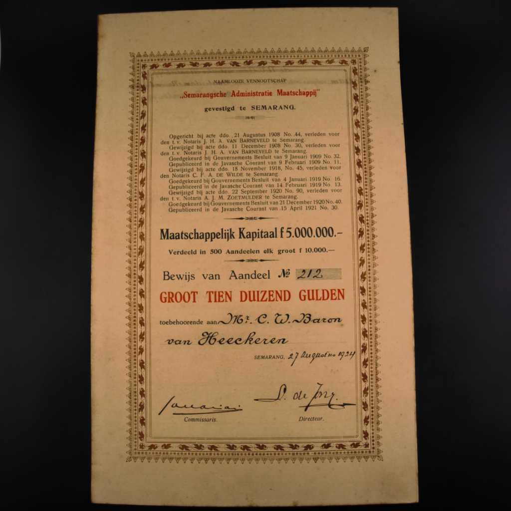 Koleksi Dokumen Saham Pemerintahan Hindia Belanda Perusahaan Semarangsche Administratie Maatschappij Diterbitkan Di Semarang 27 Agustus 1924
