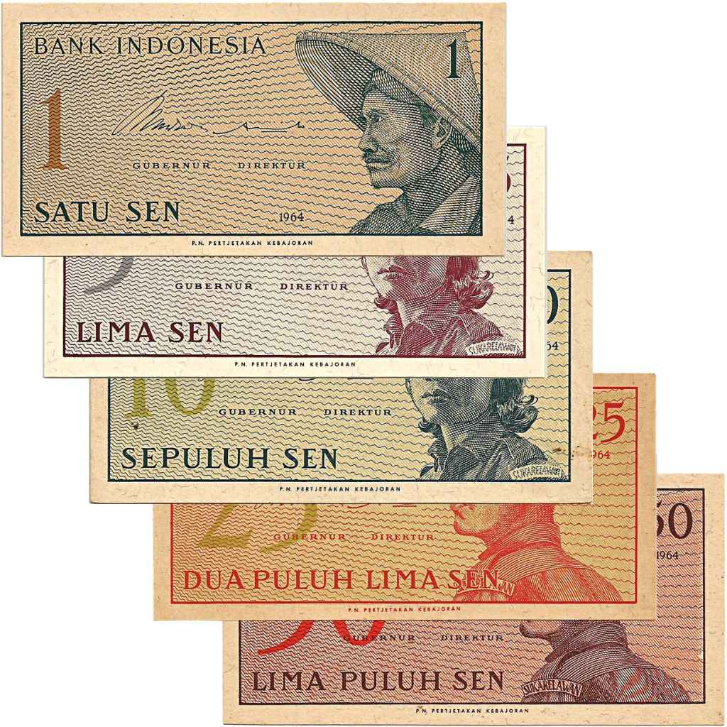 SET LENGKAP Uang Kuno Indonesia 1964 pecahan 1,5,10,25,50 Sen (5 pcs)