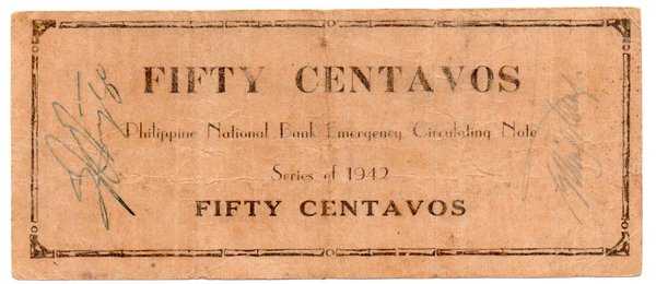 Bl 634 Philippine 50 Centavos 1942 Emergency Note