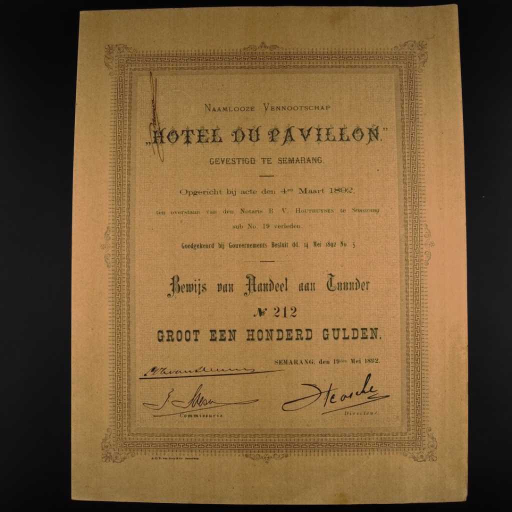 Koleksi Dokumen Saham Pemerintahan Hindia Belanda Hotel Du Pavillon Diterbitkan Di Semarang 19 Mei 1892