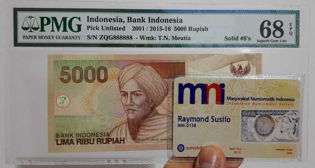 Solid 8 Prefix Terakhir ZQG 888888 PMG68 EPQ 5000 Rupiah Tuanku Imam Bonjol