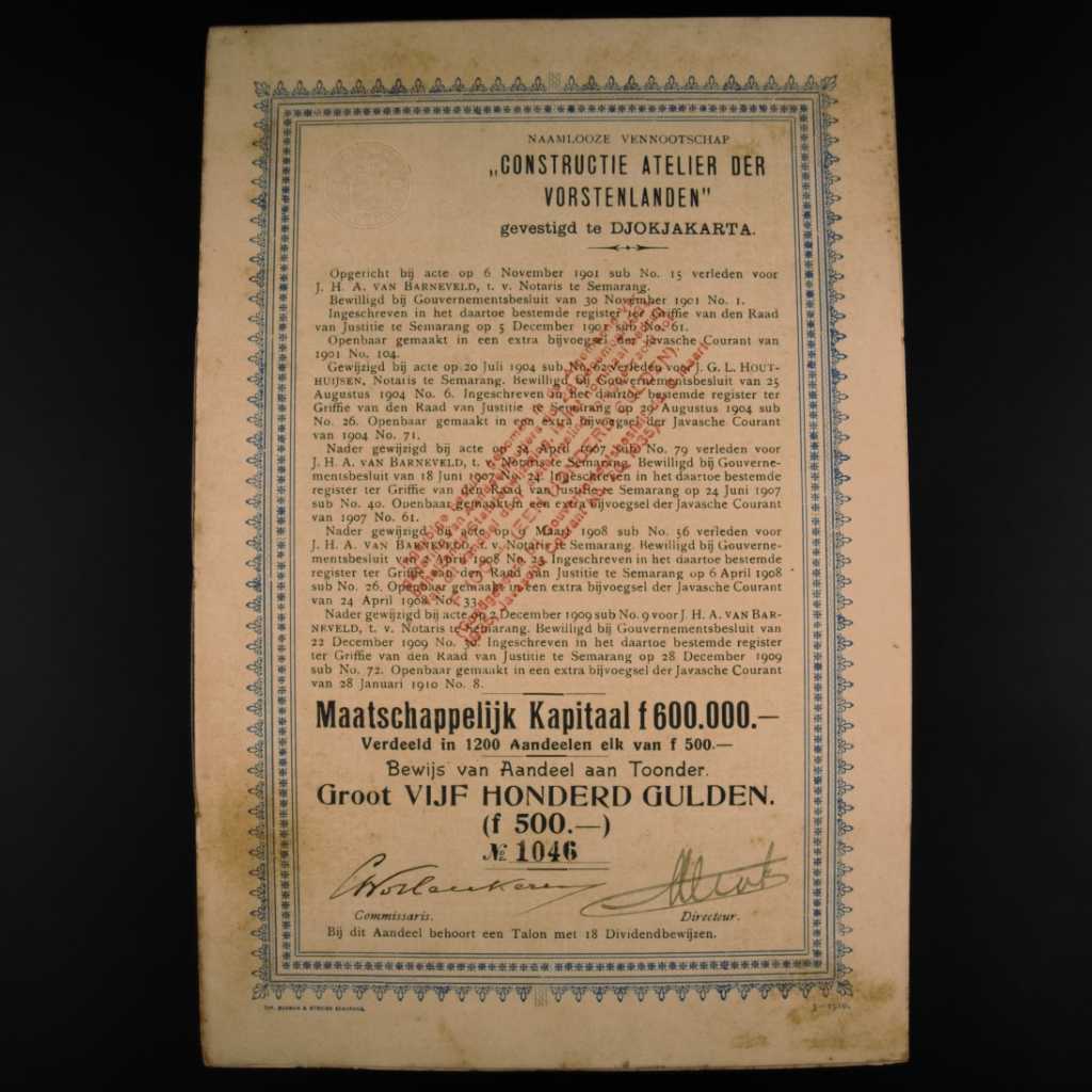 Koleksi Dokumen Saham Pemerintahan Hindia Belanda Perusahaan Constructie Atelier Der Varstenlanden Diterbitkan Di Yogyakarta 17 Agustus 1926