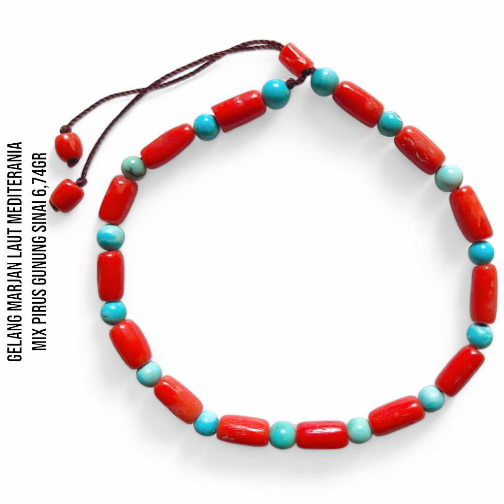Gelang Marjan Corallium Rubrum Asli Laut Mediterania mix Pirus Turquoise Mesir Asli Gunung Sinai 6,74 Gram