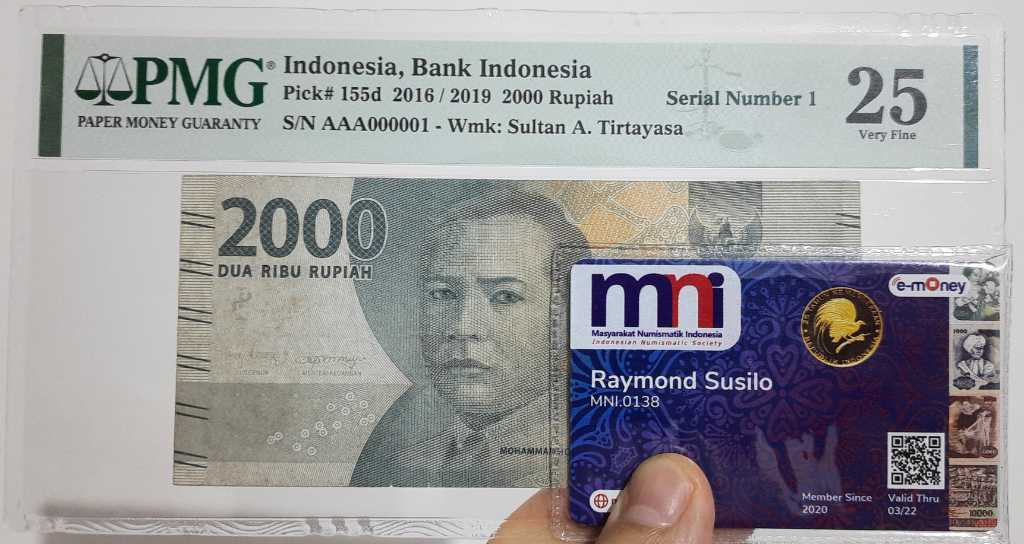 Prefix Paling Awal AAA 000001 PMG25 VF 2000 Rupiah NKRI Hoesni Thamrin