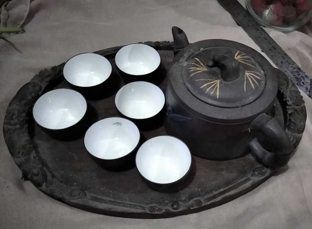 Tea Set Terakota cantik lapis enamel baki kayu