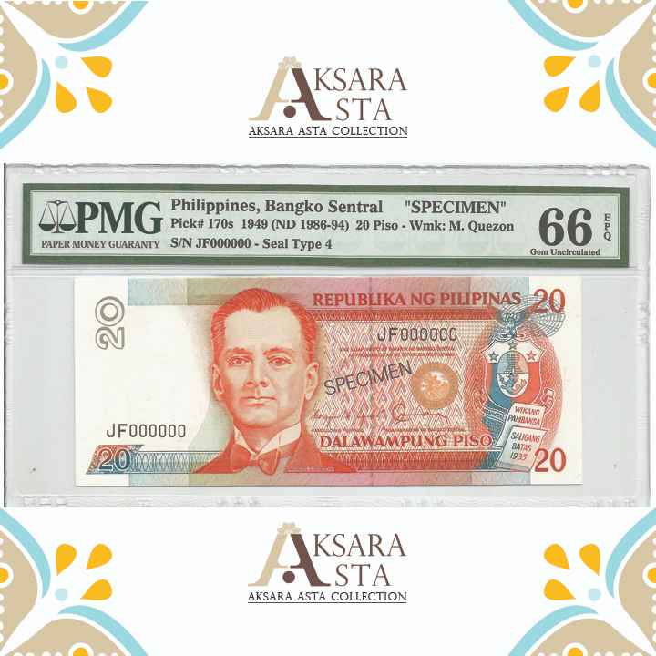 Uang Philippines 20 Peso th 1949 PMG 66 EPQ  Specimen