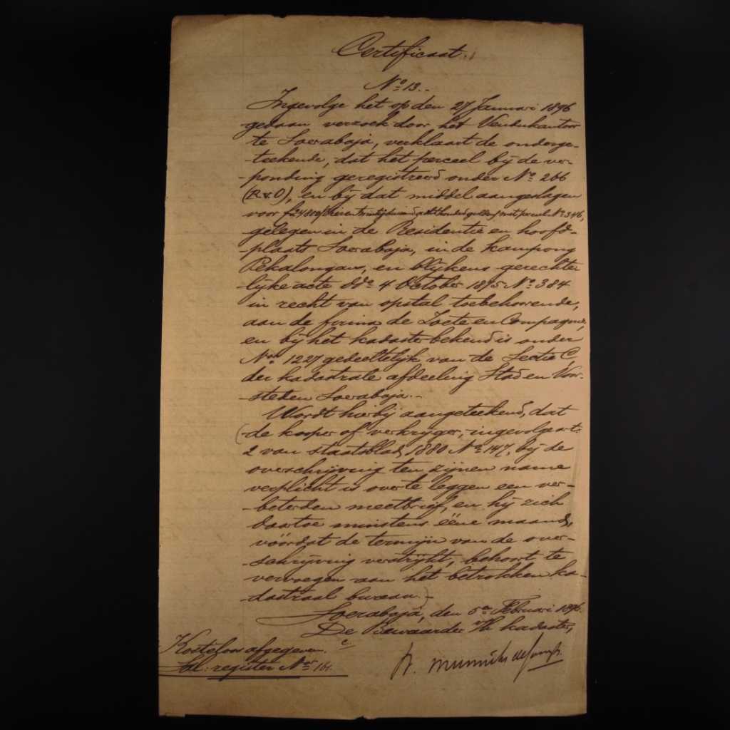 Koleksi Dokumen Tulis Tangan Pemerintahan Hindia Belanda Sertifikat Kampung Pekalongan Wilayah Surabaya Tanggal 5 Februari 1896 No 13