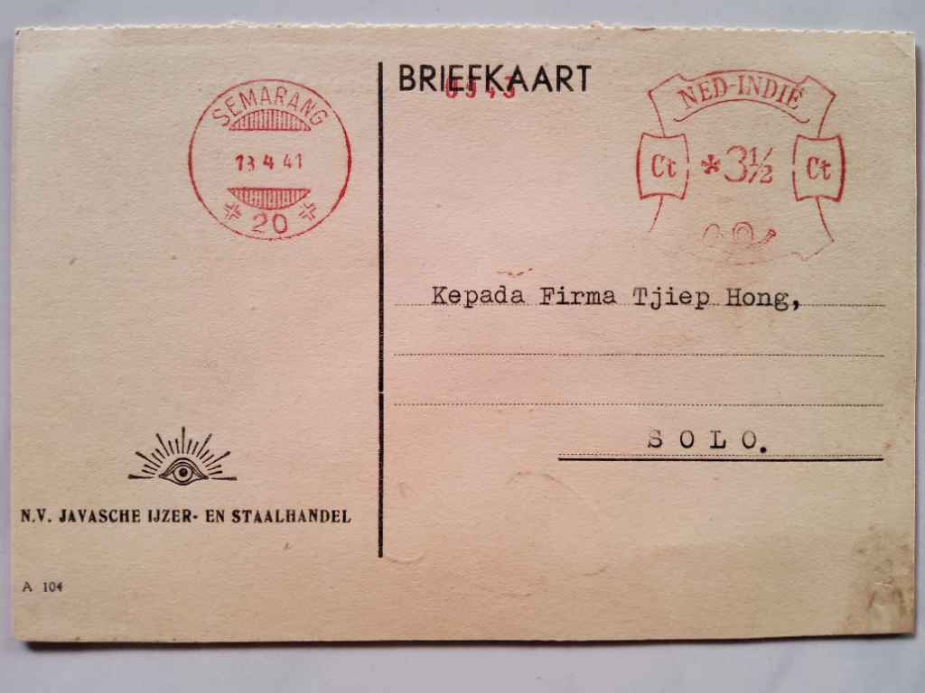 Kartu Pos "BRIEFKAART" Perangko NED INDIE 3,5 Ct : Semarang, 18 April 1941