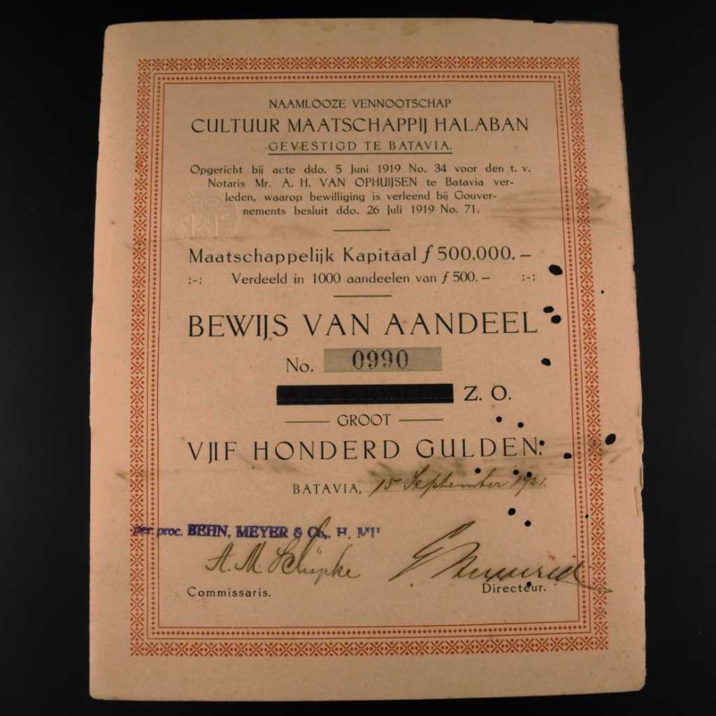 Koleksi Dokumen Saham Pemerintahan Hindia Belanda Perusahaan Cultuur Maatschappij Halaban Diterbitkan Di Batavia 15 September 1921