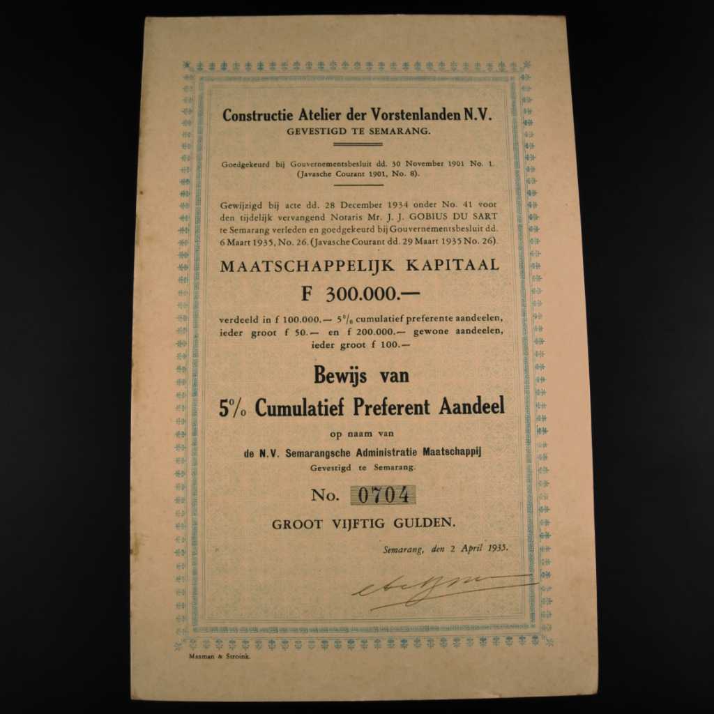 Koleksi Dokumen Saham Pemerintahan Hindia Belanda Perusahaan Constructie Atelier Der Varstenlanden N.V Diterbitkan Di Semarang 2 April 1935