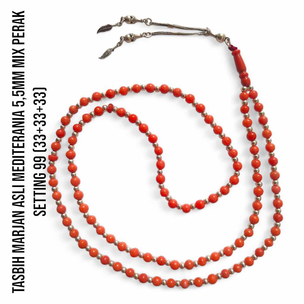 Tasbih Marjan Corallium Rubrum Asli Laut Mediterania mix Butiran Perak 38,7 Gram