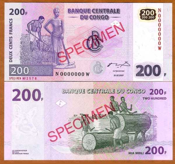 BL 1674 Specimen Congo 200 Francs Tahun 2007 Unc Mulus per 1 Lembar