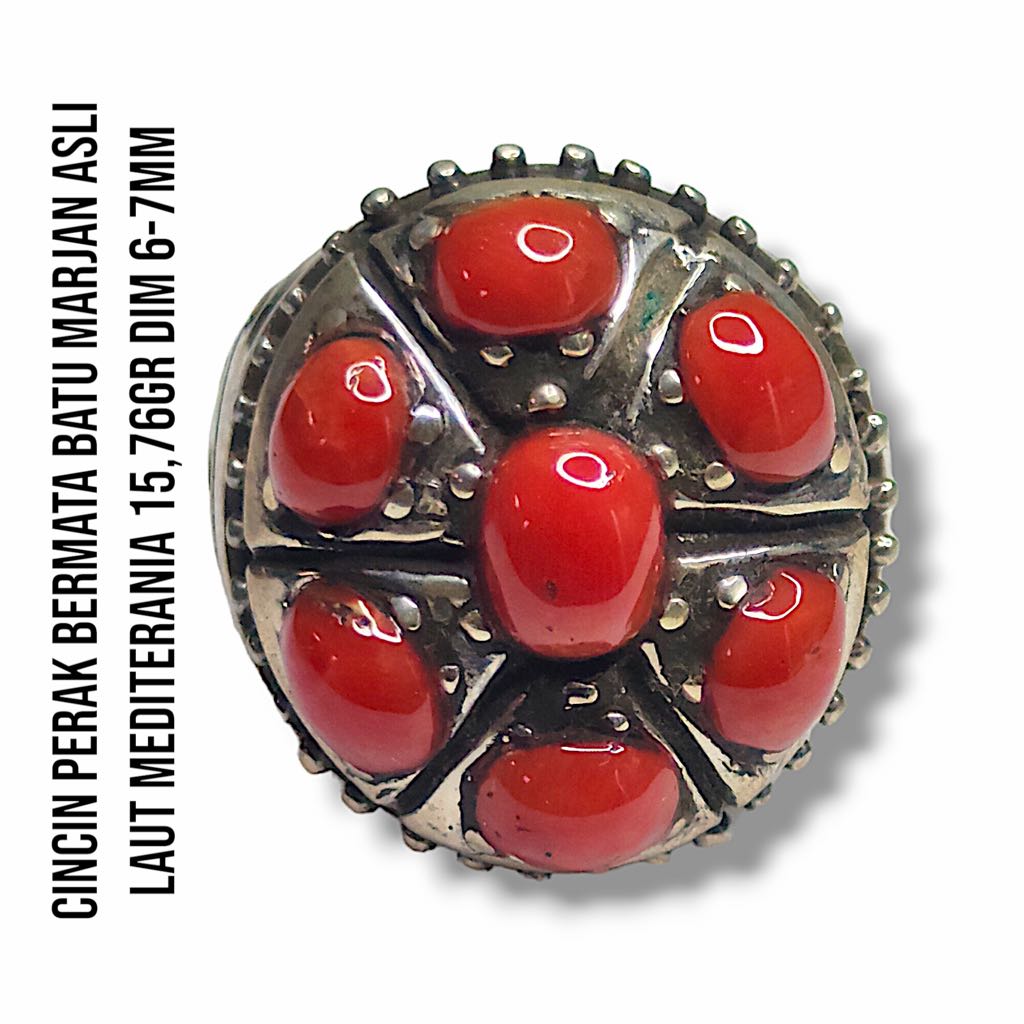 Cincin Perak Bermata Batu Marjan Corallium Rubrum Asli Laut Mediterania 15,76 Gram