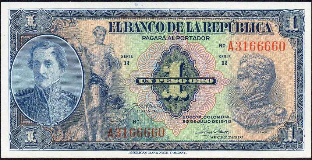 Colombia 1 Peso 20.07.1946 Letter A Prefix