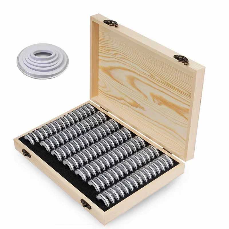 Box kayu natural 100 Kapsul koin bulat 30 mm busa 285 x 200 x 48 mm