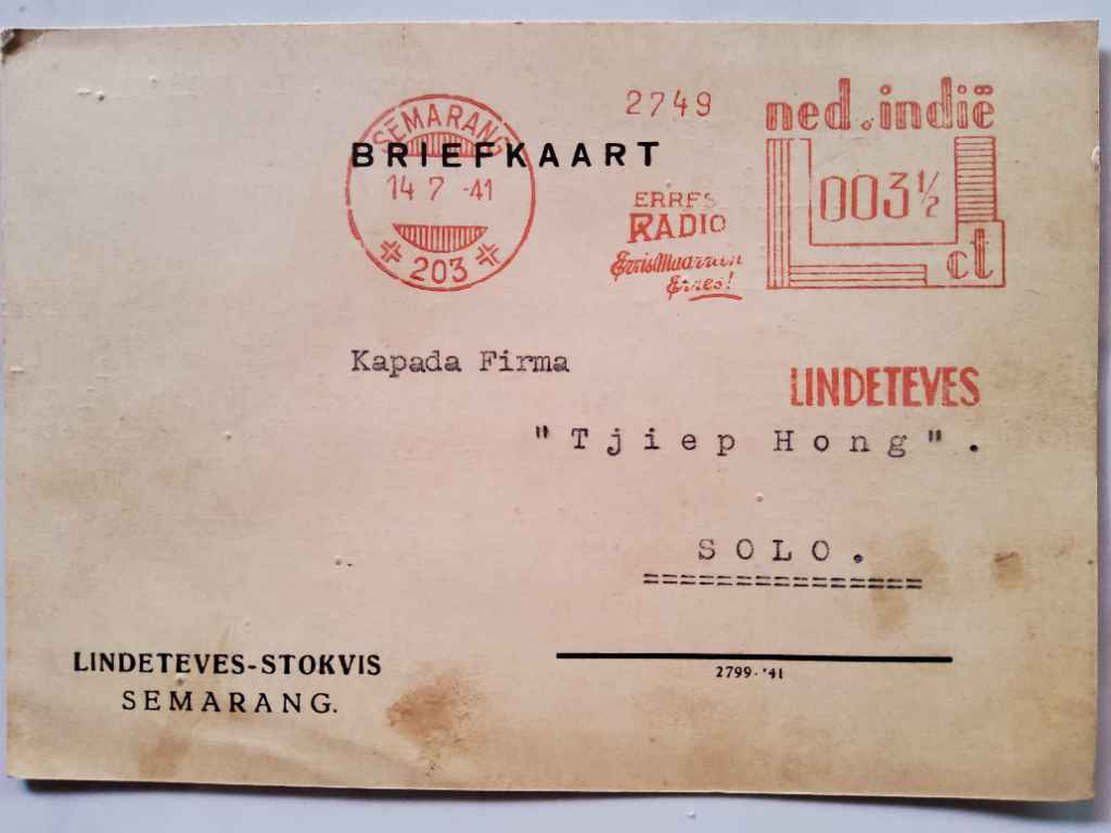 Kartu Pos "BRIEFKAART"; Perangko NED INDIE 3,5 Ct: Semarang, 14 Juli 1941