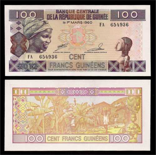 BL 1423 Guinee 100 Francs Tahun 2012 UNC Mulus Par 1 Lembar