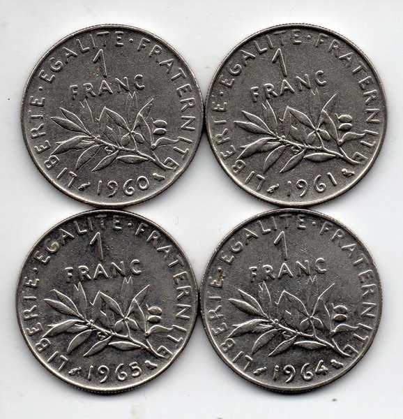 X68 Koin prancis Pecahan 1 francs Tahun 1960 1961 1964 1965  Total 4 Keping Kondisi Sesuai Gambar