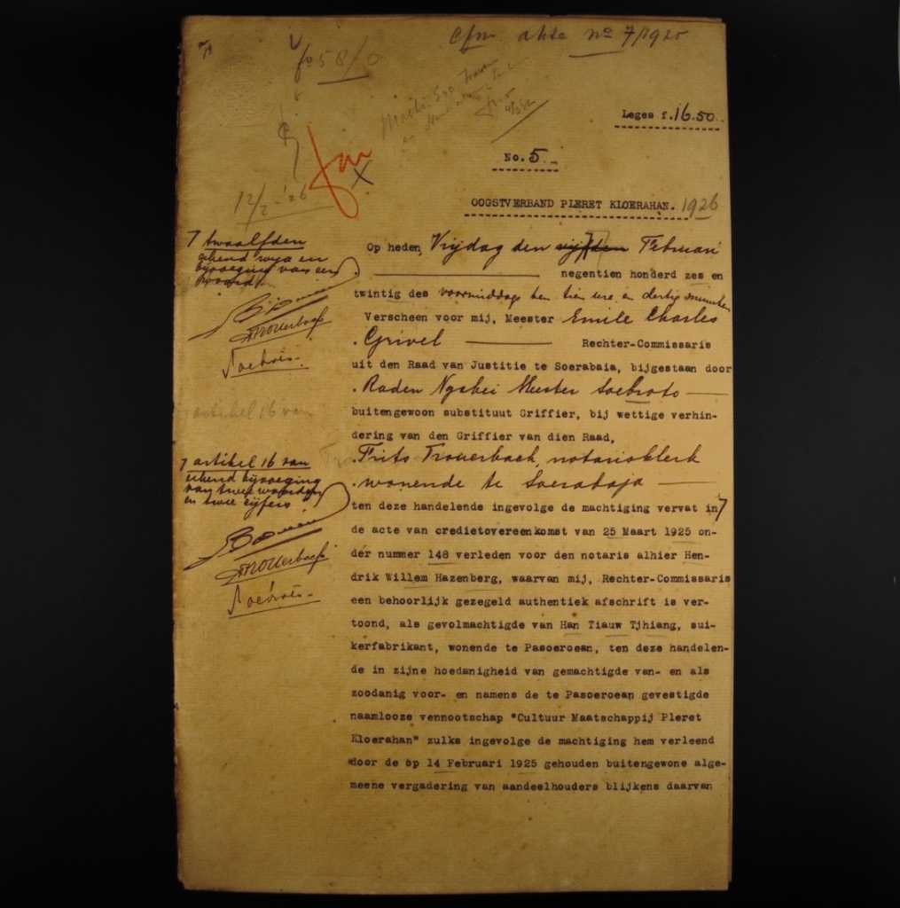 Koleksi Dokumen Pemerintahan Hindia Belanda Akta Perjanjian Kredit Pabrik Gula Wilayah Pasuruan Tanggal 12 Februari 1926 No 5