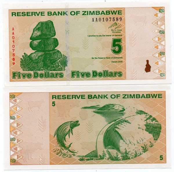 BL 2028 per 1 lbar zimbabwe 5 dollar tahun 2009 unc mulus