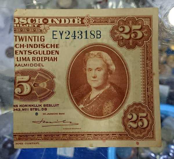 BL2501 Uang Senering 25 Gulden Tahun 1943 Bekas Sesuai Gambar