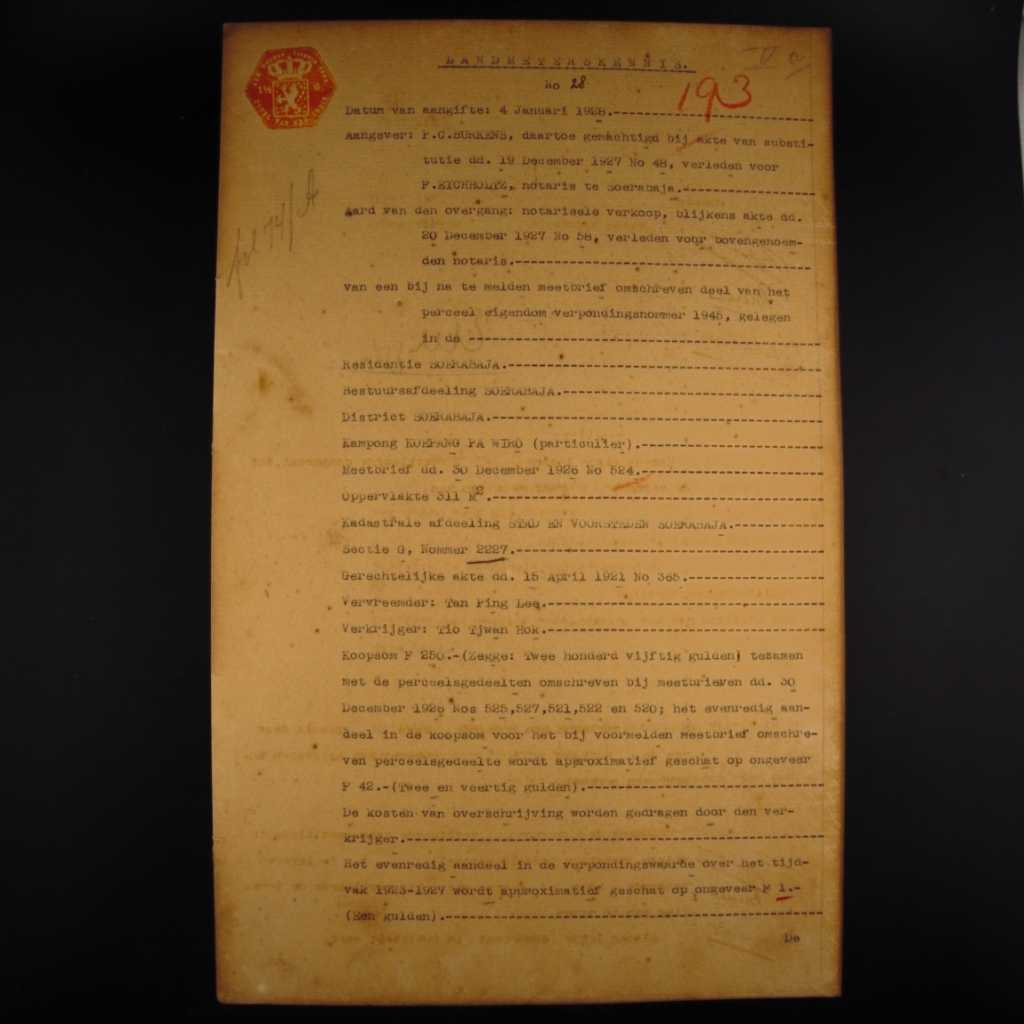 Koleksi Dokumen Akta Jual Beli Tanah Pemerintahan Hindia Belanda Kampung Kupang Pawiro Wilayah Surabaya Tanggal 30 Desember 1926 No 28
