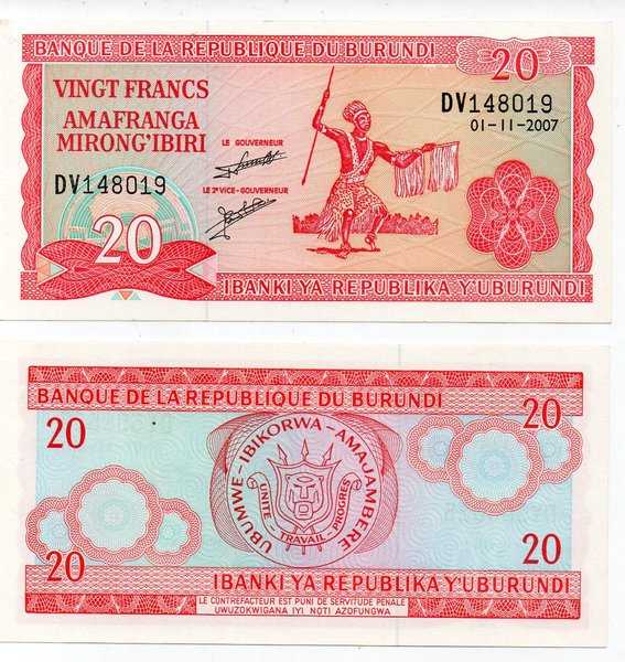BL 1549 Burundi 20 Francs Tahun 2007 UNC Mulus Per 1 Lembar