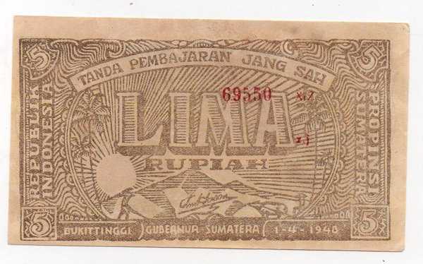 BL 1625 Indonesia 5 Rupiah Bukittinggi Tahun 1948 AU Flek Sudut2 Ada Misshandling
