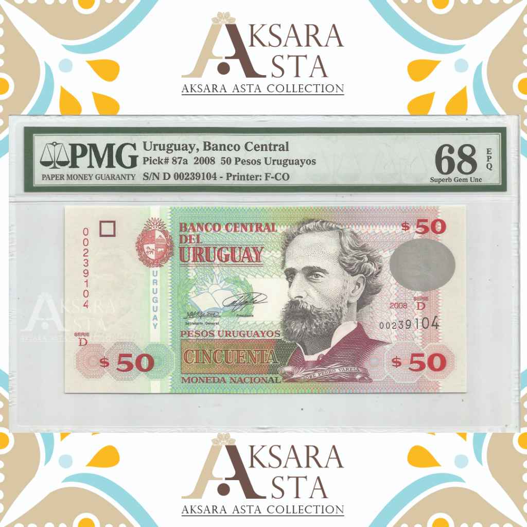 Uang Uruguay 50 Pesos th 2008 PMG 68 EPQ