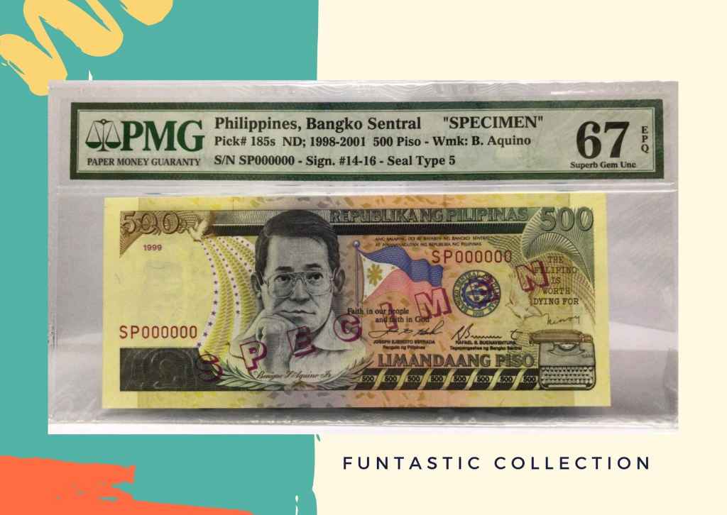 Uang Filipina 500 Piso Benigno Aquino Specimen PMG 67