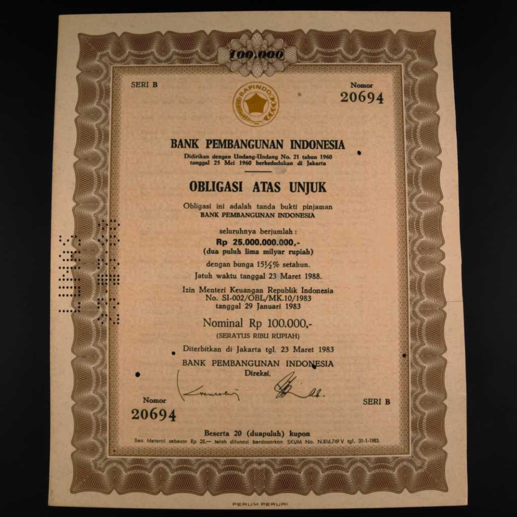 Koleksi Dokumen Obligasi Atas Unjuk Bank Pembangunan Indonesia Seri B Diterbitkan Di Jakarta 23 Maret 1983