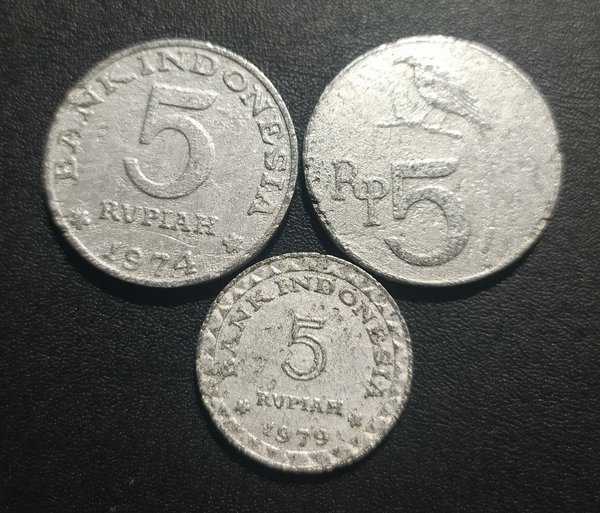 A2620 3 Keping variasi 5 rupiah Alumunium tahun 1970an kondisi bekas