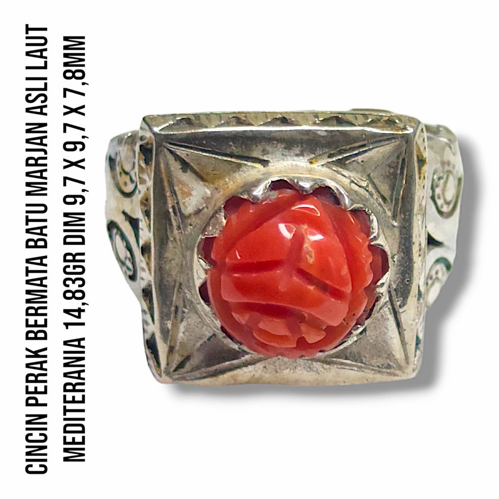(TERJUAL) Cincin Perak Bermata Batu Marjan Corallium Rubrum Asli Laut Mediterania 14,83 Gram