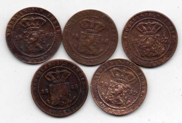 A3845 Set 5 Keping Beda Tahun 1-2 Cent Ned Indie Koin Kuno Sesuai Gambar 1856 57 58 59 60 Asli Ready