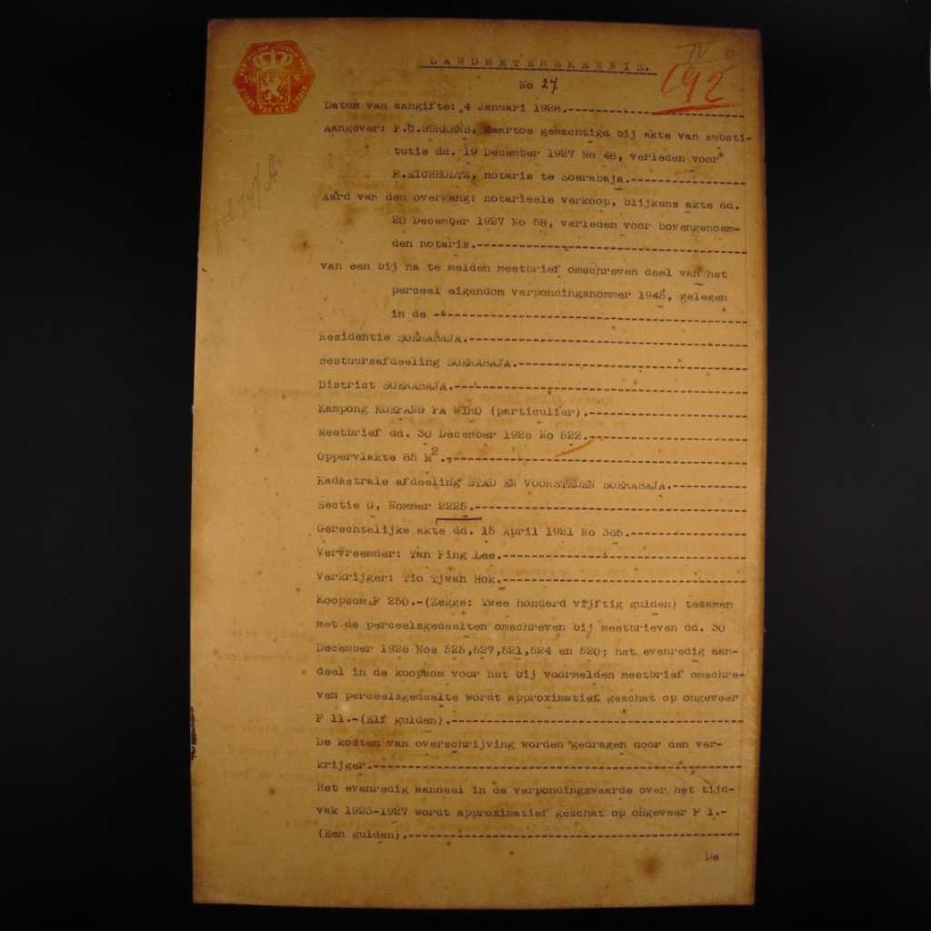 Koleksi Dokumen Akta Jual Beli Tanah Pemerintahan Hindia Belanda Kampung Kupang Pawiro Wilayah Surabaya Tanggal 4 Januari 1928 No 27