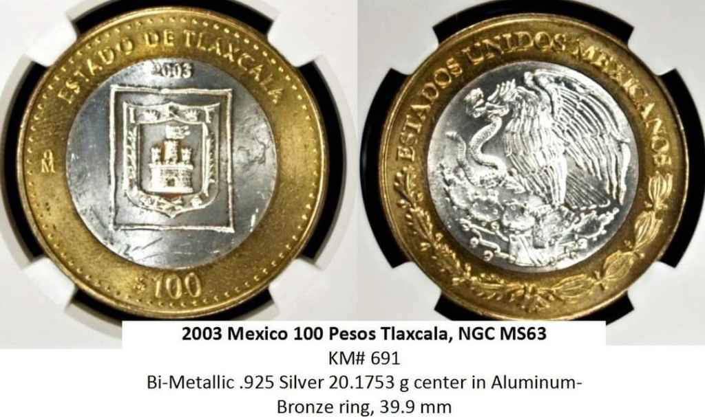 2003 Mexico 100 Pesos Silver Bimetalic NGC MS 63