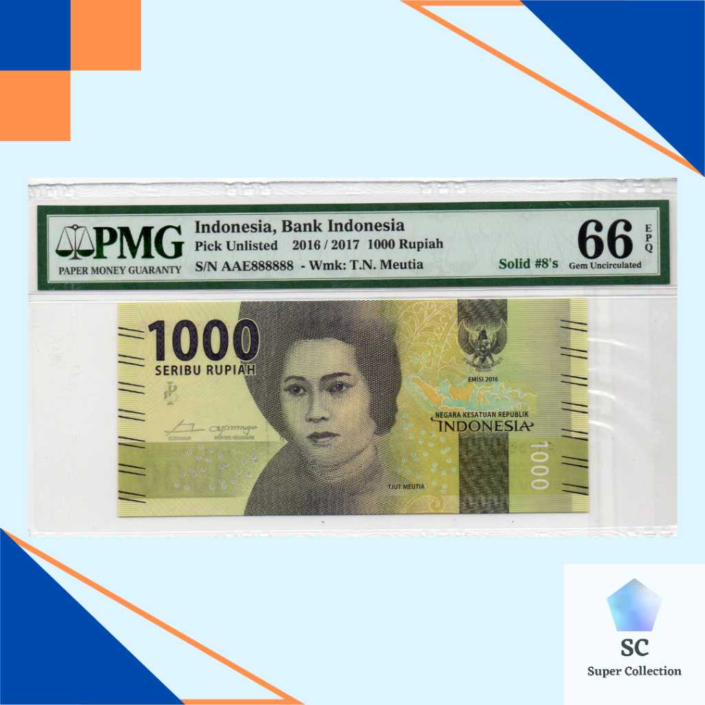 Uang Indonesia 1000 Rupiah Cut Meutia PMG 66 Solid #8's