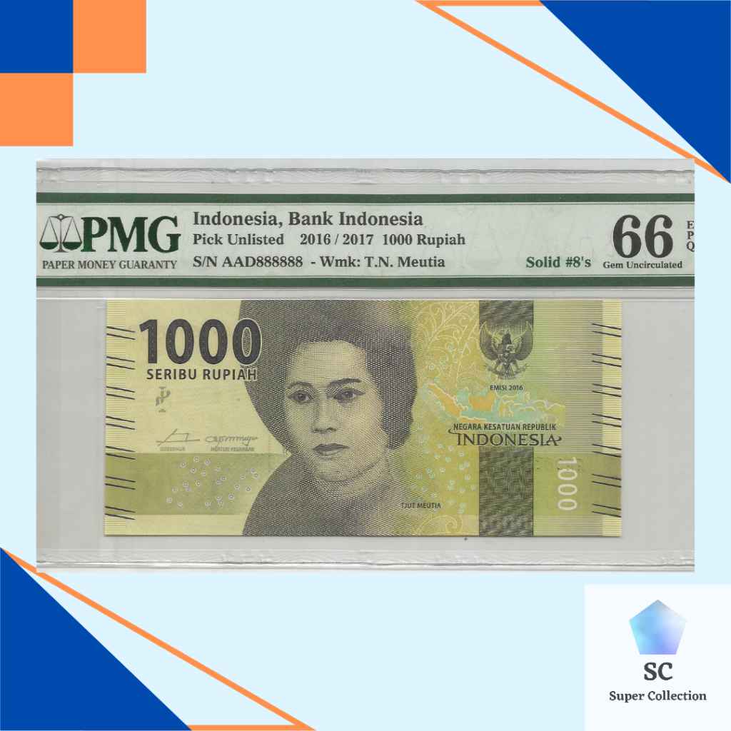 Uang Indonesia 1000 Rupiah Cut Meutia PMG 66 Solid #8's