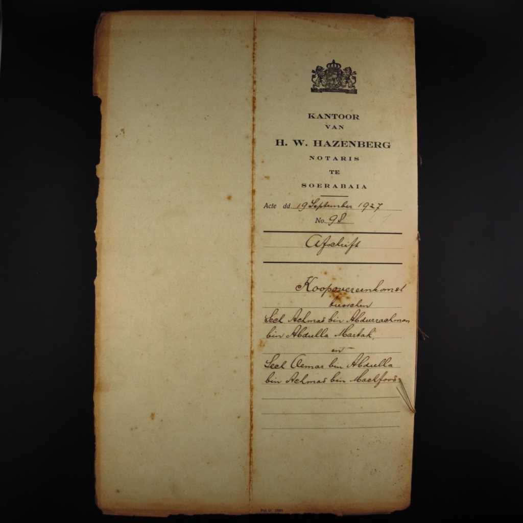 Koleksi Dokumen Akta Jual Beli Tanah Pemerintahan Hindia Belanda Wilayah Surabaya Tanggal 19 September 1927 No 98