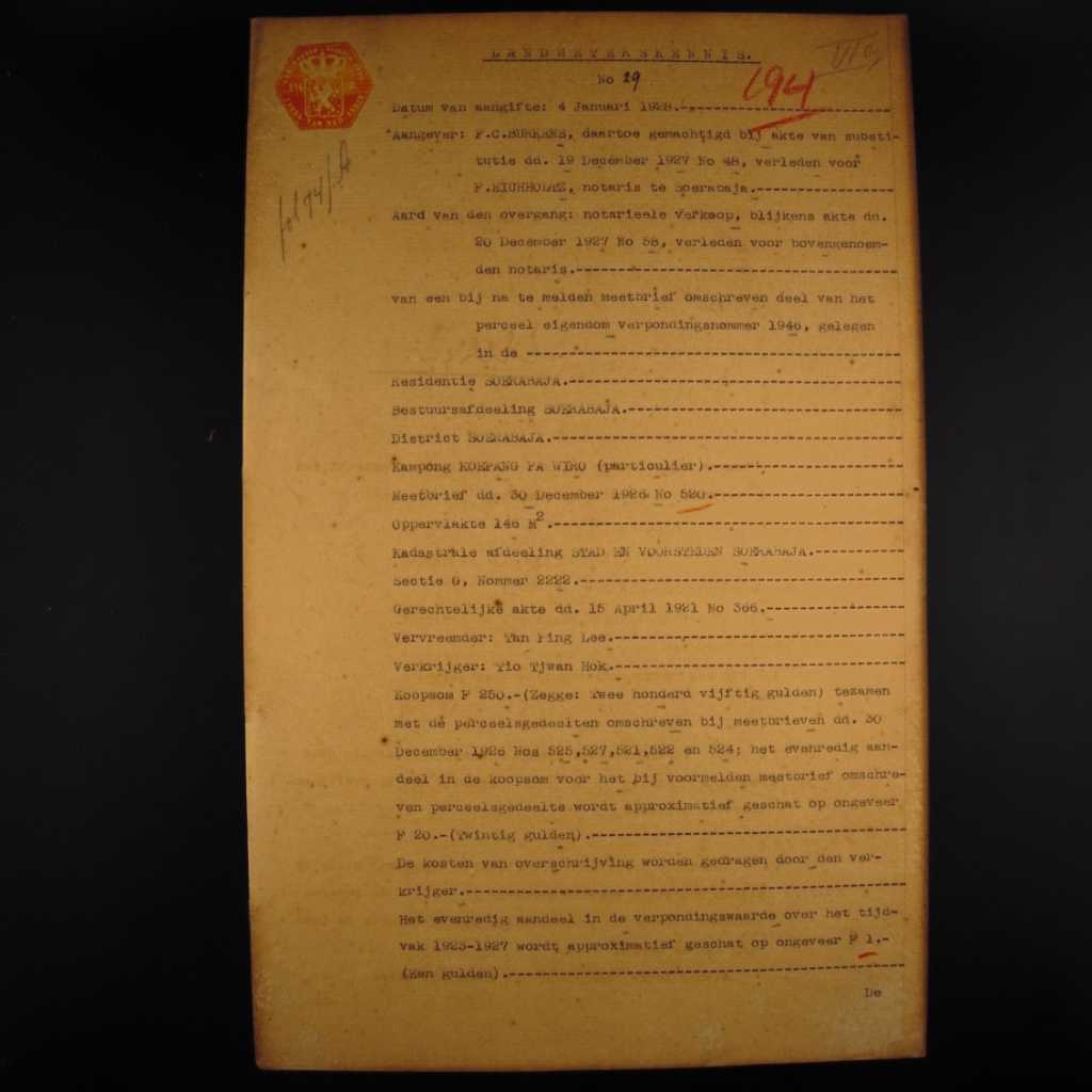 Koleksi Dokumen Akta Jual Beli Tanah Pemerintahan Hindia Belanda Kampung Kupang Pawiro Wilayah Surabaya Tanggal 18 Januari 1928 No 29